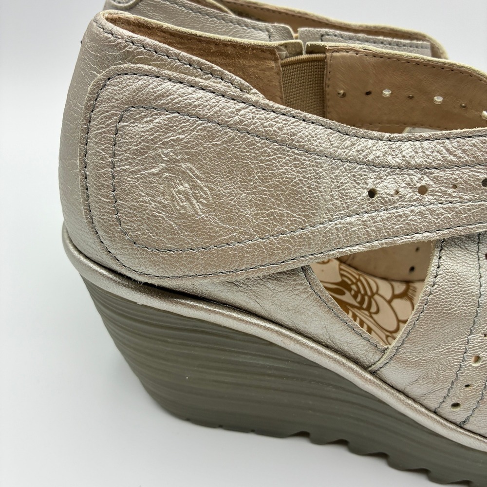 Fly London Yepe Wedge Sandals Womens 38 7.5-8 Gold Leather Perforated Mary Jane - Picture 7 of 15